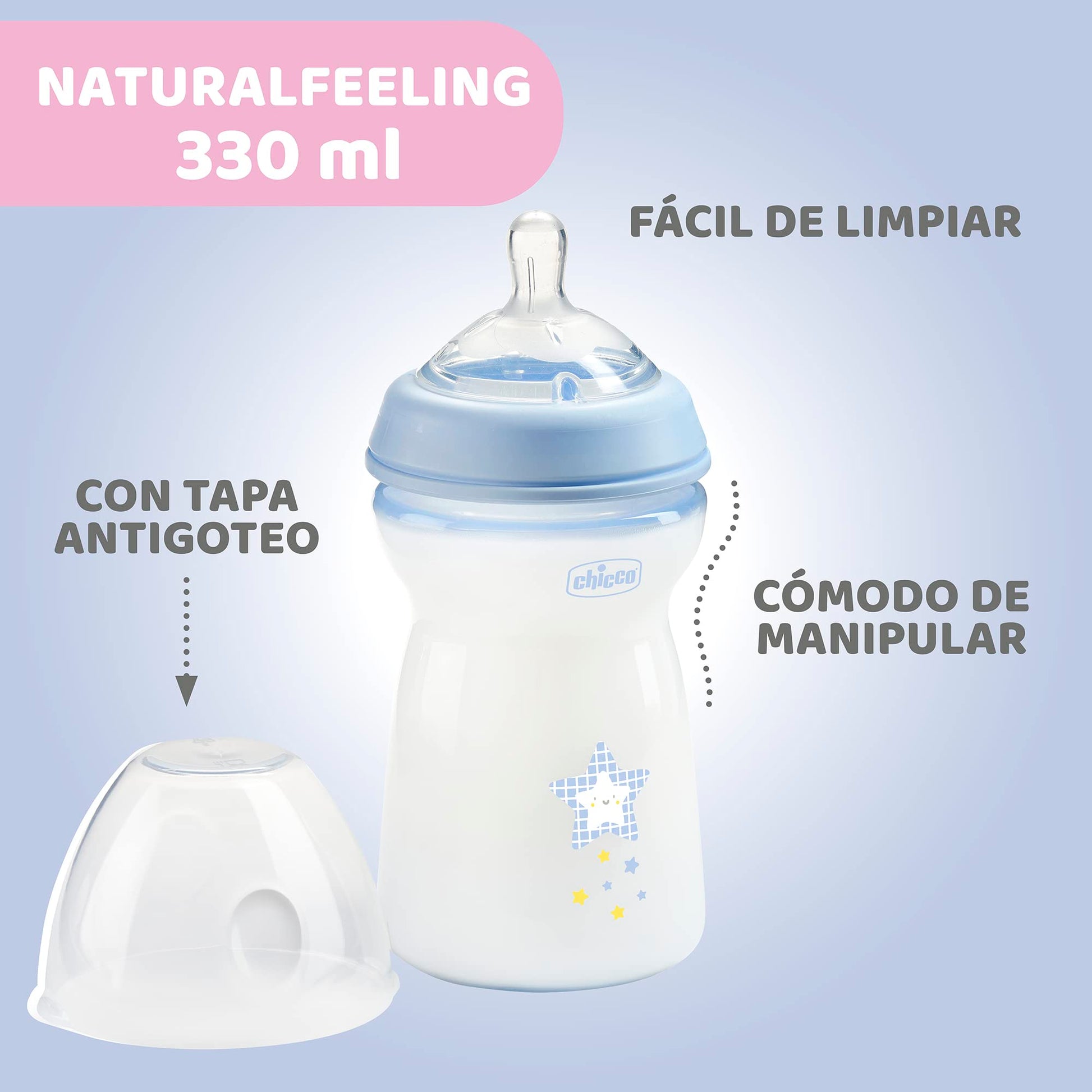 CHICCO, Biberón Natural Feeling, Color Azul, 330 ml