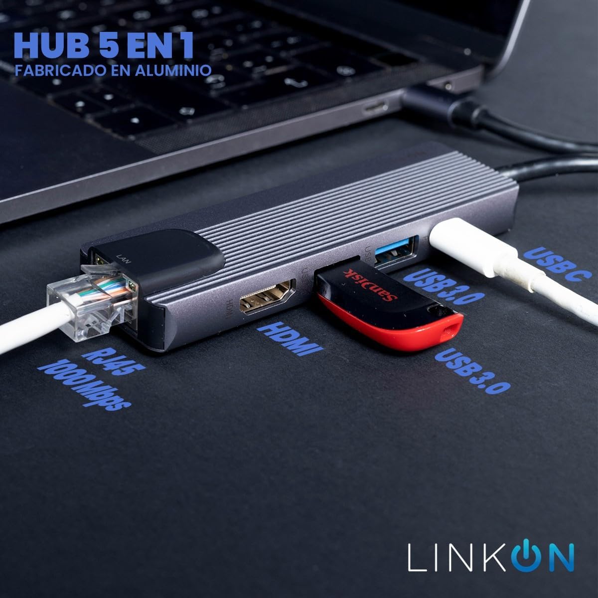 LINKON - Hub USB C Adaptador USB a Tipo C HDMI 4K, Ethernet Red RJ45 100Mbps, 2 Puertos USB 3.0, Carga Rápida 87W PD, Docking Station, Adaptador de Red (RJ45 5 en 1 1000 MBps)