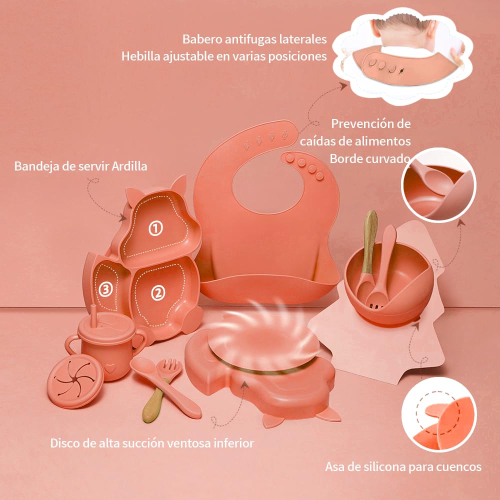 FINYQBET Platos Para Bebés De Silicona Con Tazón Cuchara Tenedor Babe,Set de 8 Piezas para Bebés,Plato para Bebe con Ventosas, Ajustable,NARANJA