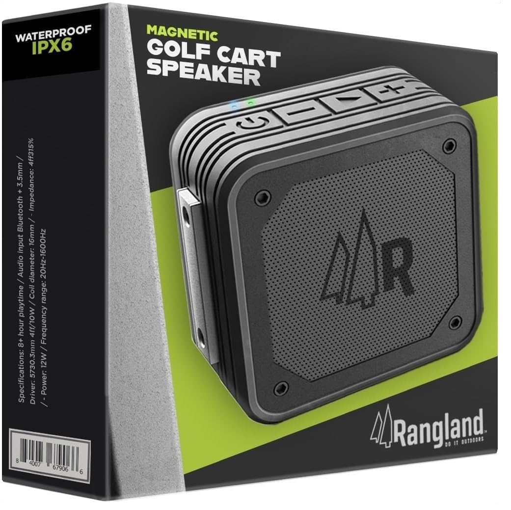 RANGLAND - Altavoces magnéticos Bluetooth estéreo de doble emparejamiento para carritos de golf (paquete de 2) impermeables, IPX6, sonido envolvente inalámbrico con soporte de barra magnética