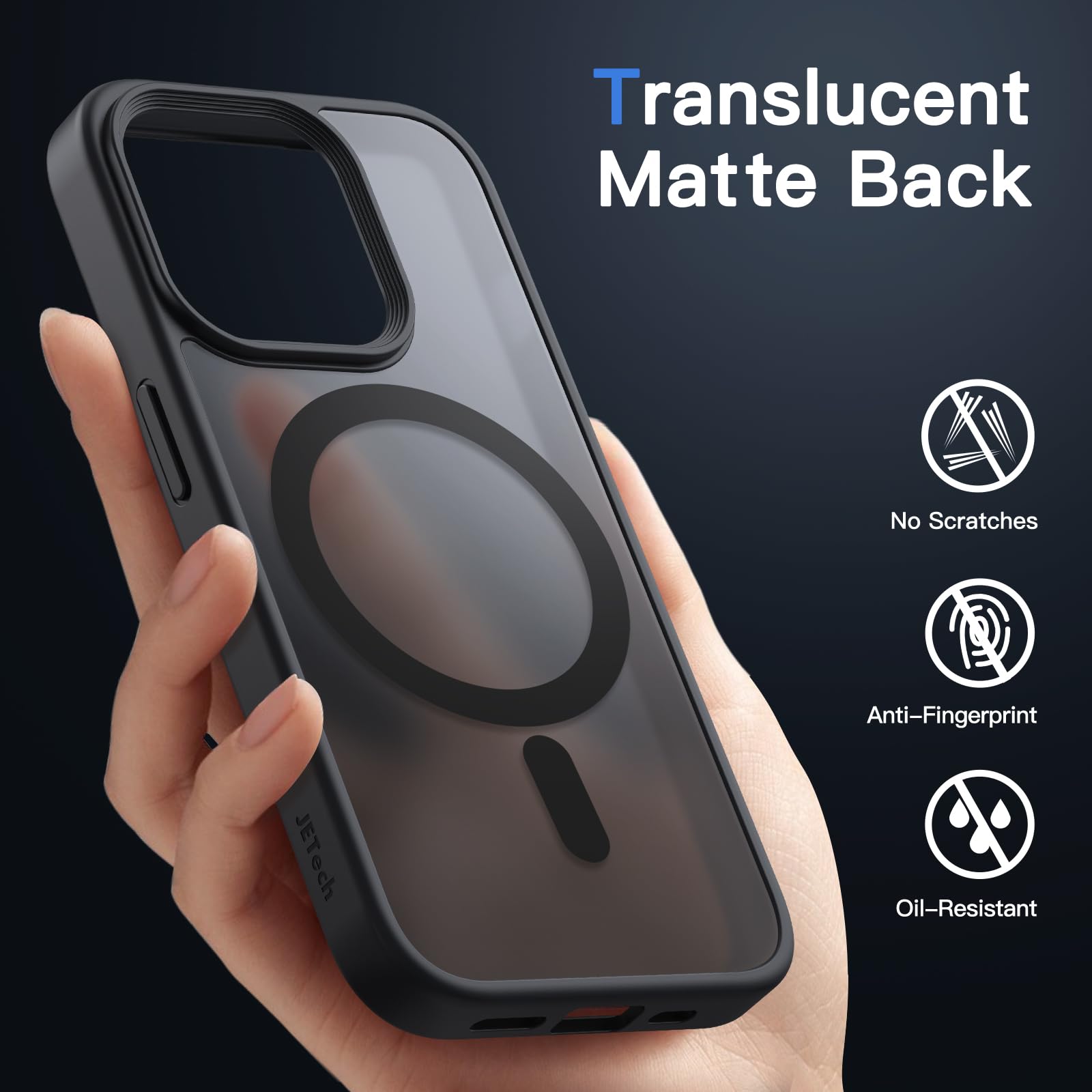 JETech Funda Magnética para iPhone 15 Pro 6.1 Pulgadas Compatible con MagSafe, Carcasa Translúcida Mate Trasera Fina Antigolpes (Negro)
