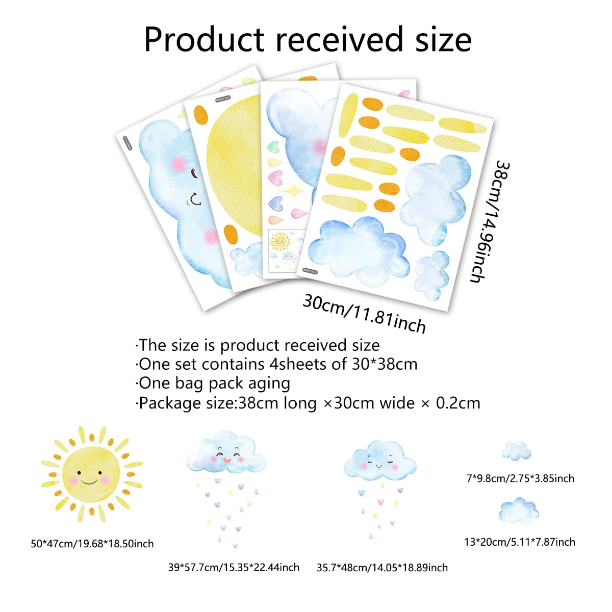 Grandes calcomanías de pared del sol, calcomanías de pared de nubes blancas de acuarela, decoración de habitación para niños y niñas, calcomanías de sol, calcomanías de pared removibles de sol y nubes
