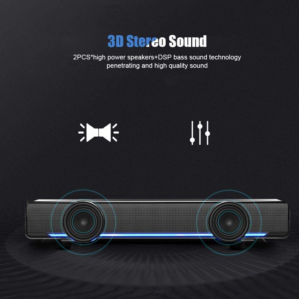 Barra de Sonido Altavoz con Cable Barras de Sonido USB con cable Sonido de Tira Larga Estéreo Barra de sonido Reproductor de música Bass Surround Sound Box 3.5 mm Entrada para PC Celulares(Negro)