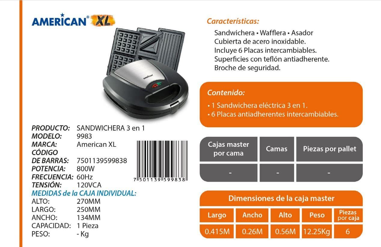 American SANDWICHERA 3 EN 1 (WAFFLERA, GRILL, SANDWICHERA), 9983