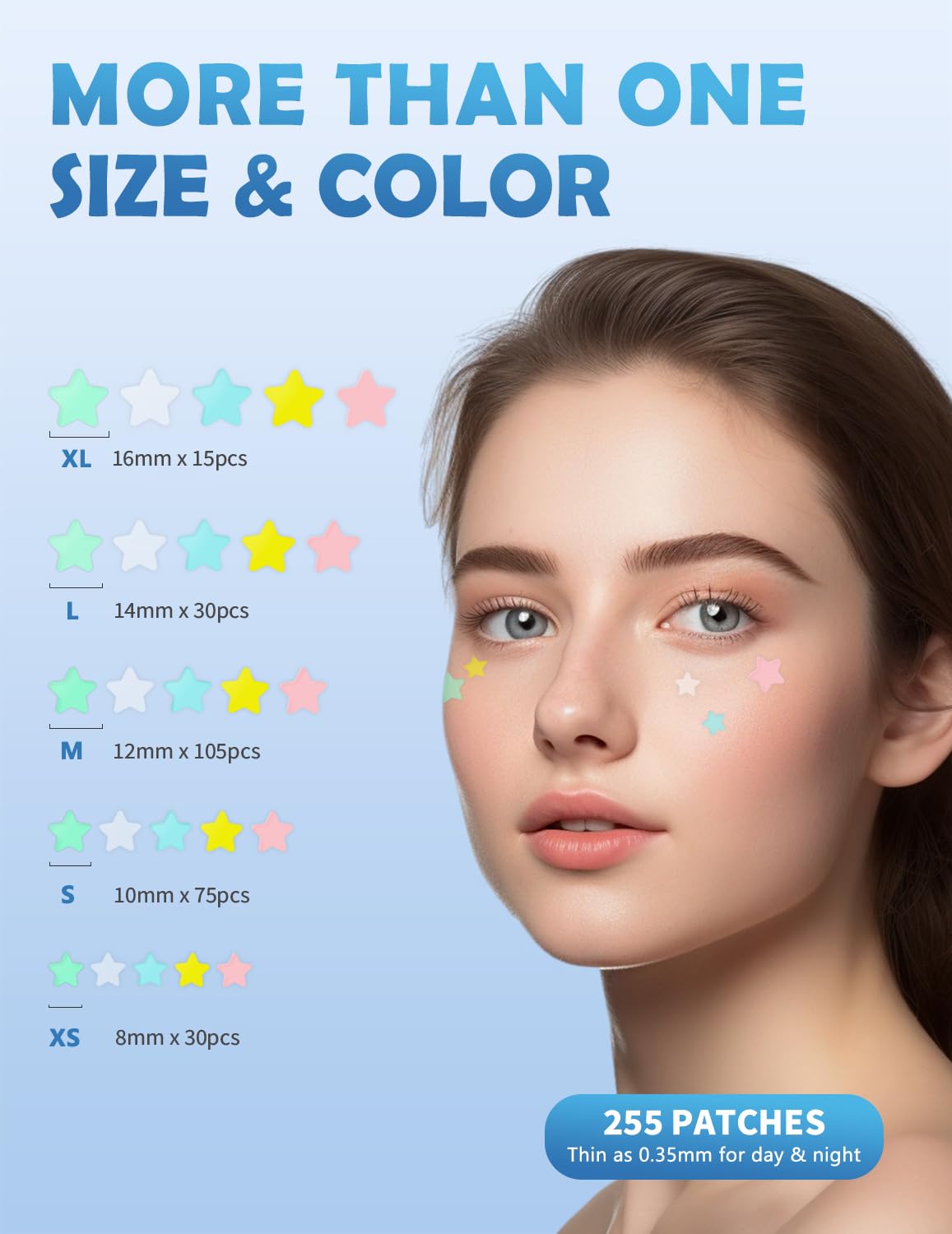 Parches para acne, 255 piezas, 5 colores y 5 tamaños (8, 10, 12, 14, 16 mm), Hidrocoloides pimple patches que se adaptan con precisión a diferentes tamaños de acné, Pegatinas con árbol de té, ácido salicílico y centella