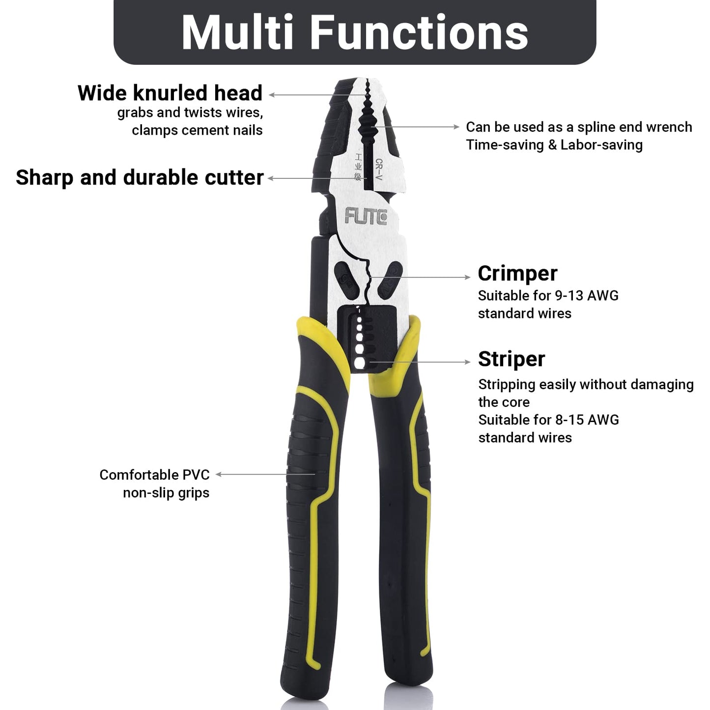 Alicates Lineman 4 en 1, Pro Lineman Tools - Alicates de combinación de 22.7 cm con pelacables + crimpador+cortador+alicates + función de bobinado, grado industrial Linesman Plirs-acero cromado vanadio forjado