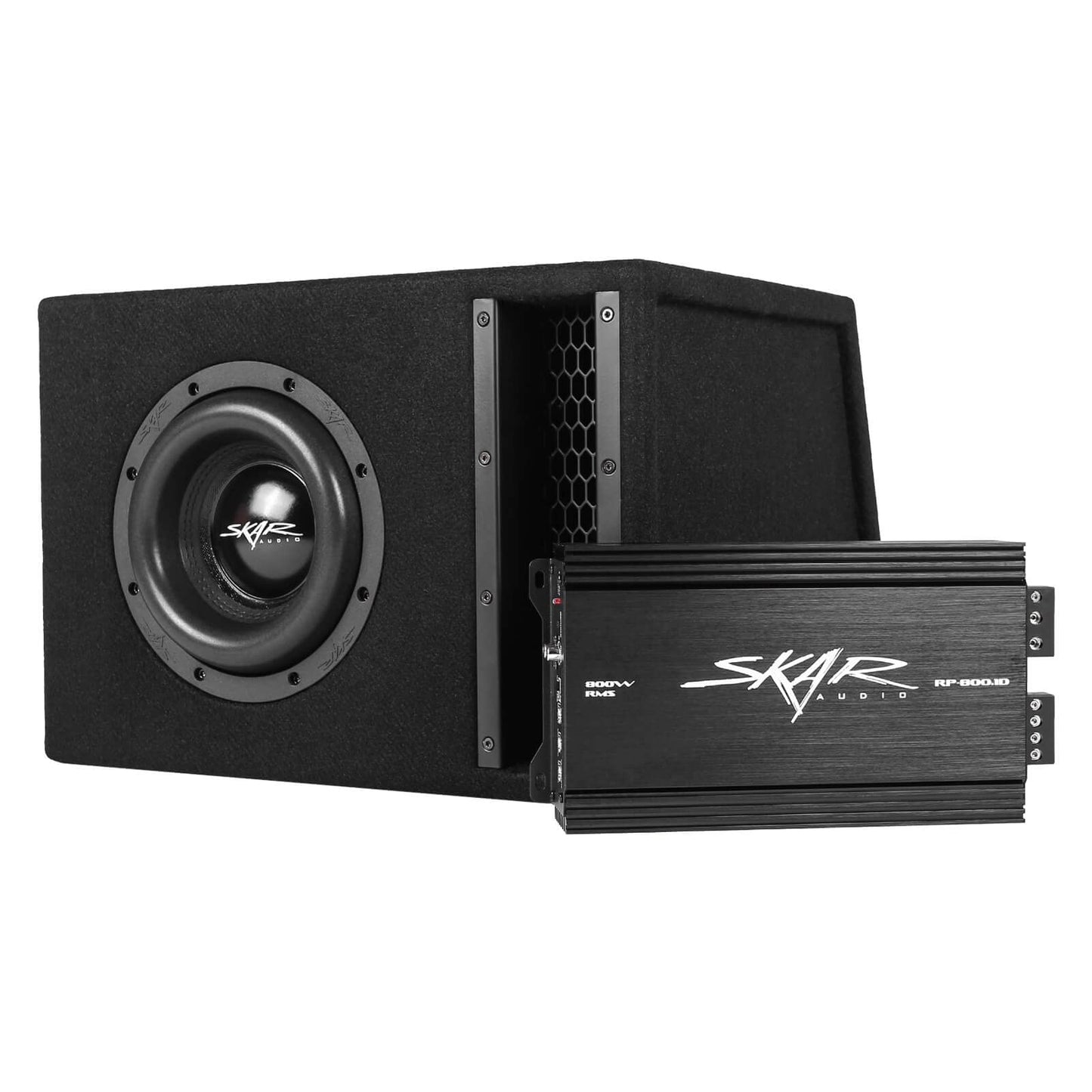 Skar Audio Single 8" Completo 1200 W Serie EVL Subwoofer Paquete de graves – Incluye caja cargada con amplificador