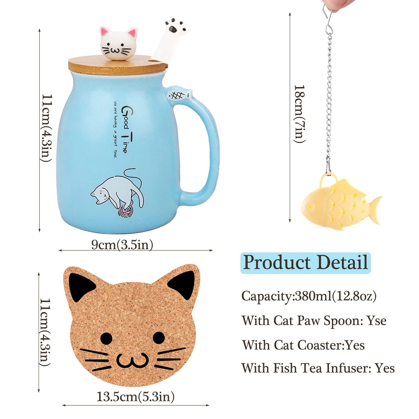 BigNoseDeer - Taza de cerámica con infusor y tapa, taza de té para gatos Kawaii, taza de té con forma de cuchara y taza de té, lindos regalos para mujeres (azul 13 onzas)