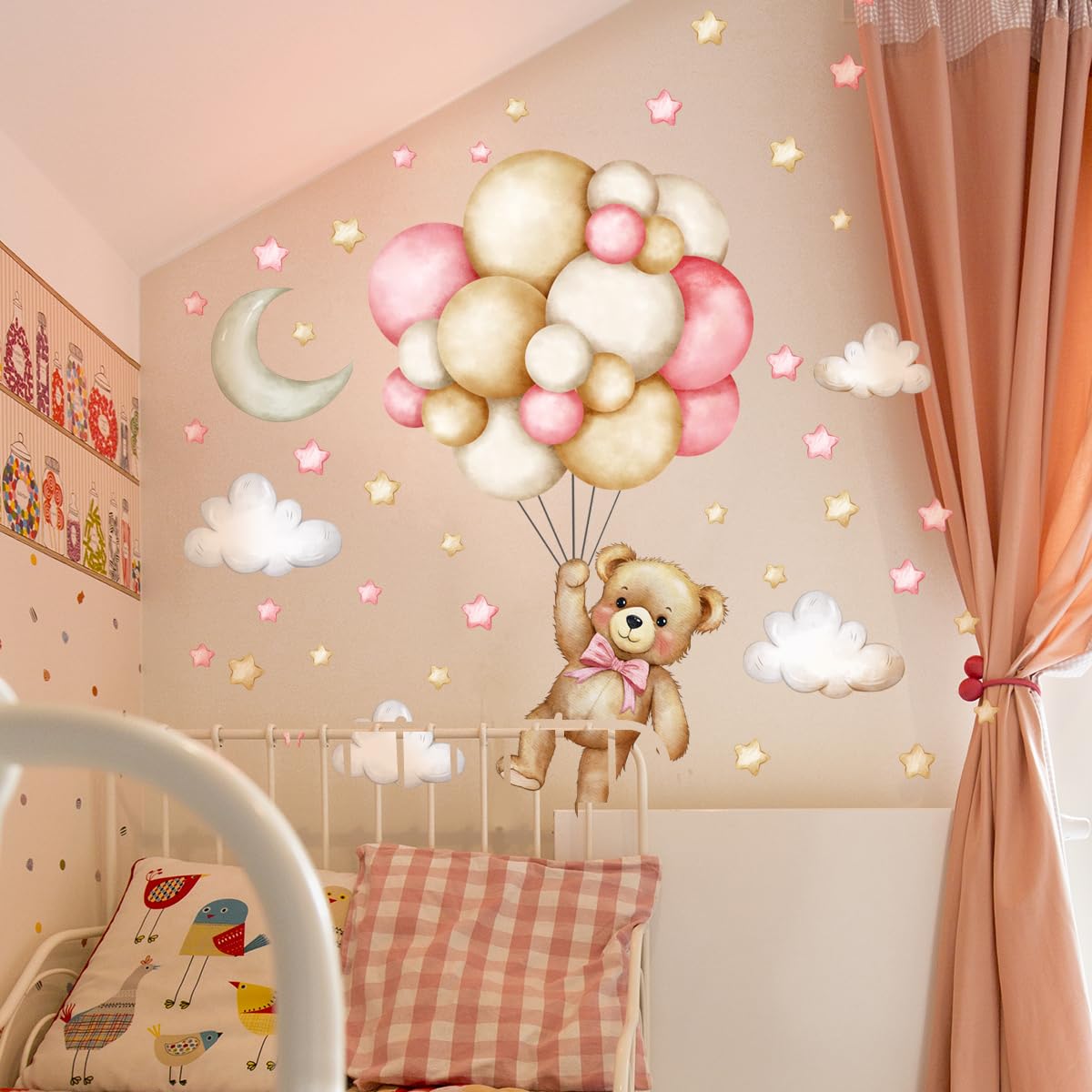 Calcomanías de pared de oso de peluche, globos de aire, estrella, luna y nube, calcomanías de pared para habitación de niños, habitación de bebé, habitación de bebé, decoración de cuarto de bebé (oso