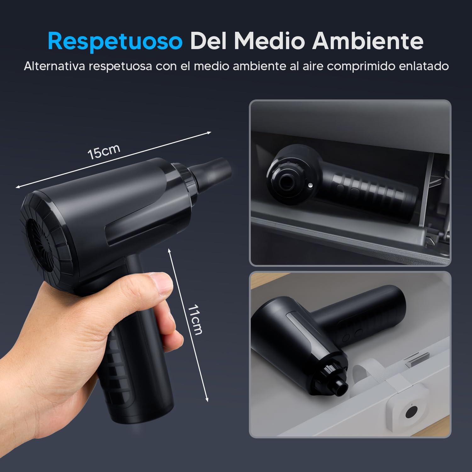 Aire Comprimido Eléctrico Inalámbrico Negro de 3 Velocidades con Luz LED para Limpiar Teclado y Pelo de Mascotas