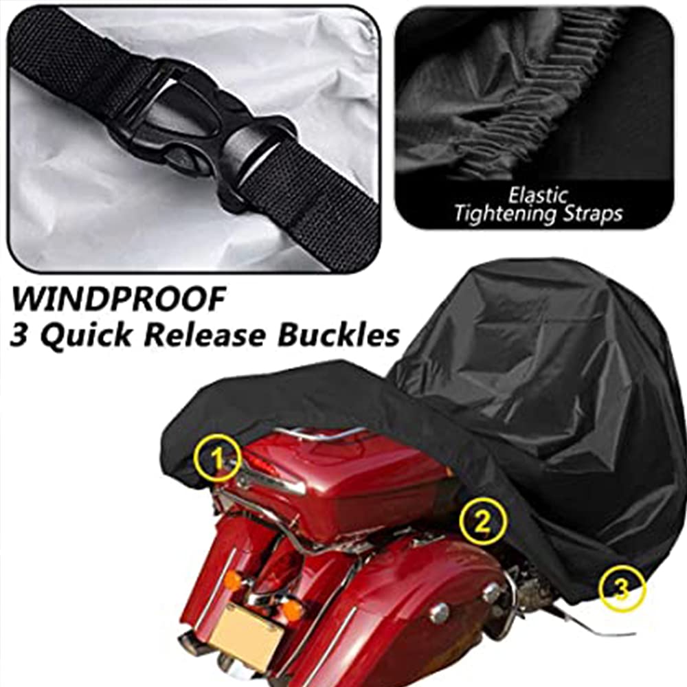 Jiula Cubierta Impermeable para Motocicletas 210D 2XL - Funda para Moto Protectora a Prueba de UV Lluvia Polvo Viento Nieve Excremento de Pájaro al Aire Libre (245 * 125 * 105 cm, Negro)