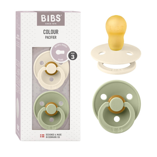 BIBS Chupones Colour Pack de 2, Tetina redonda de látex natural, Talle 3, Color Ivory/Sage, +18 meses, Hecho en Dinamarca