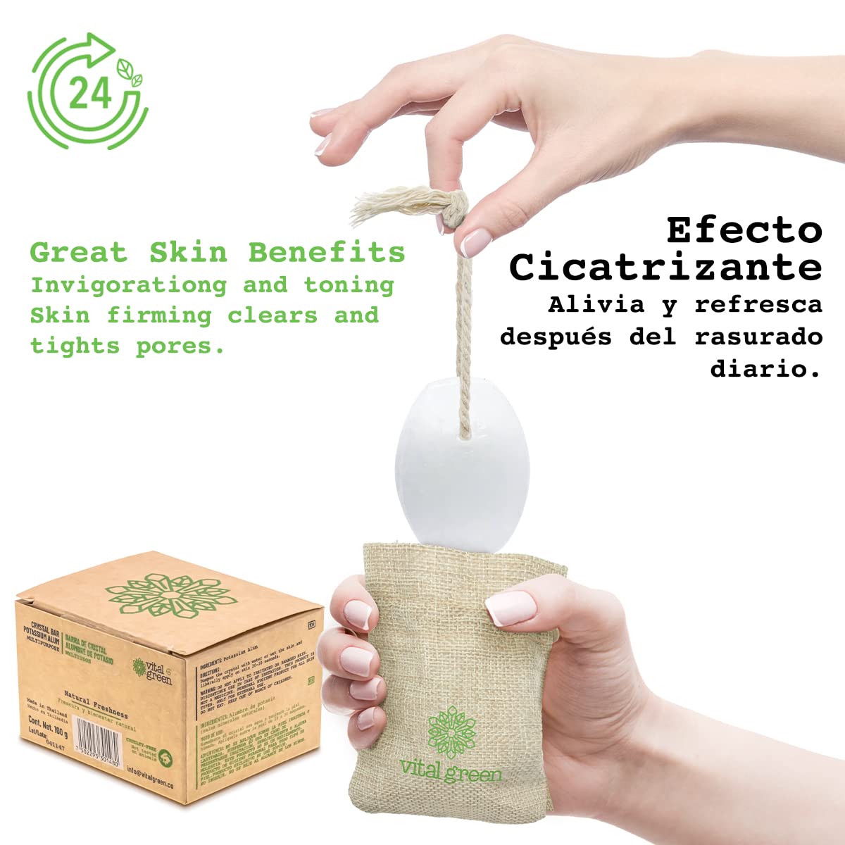 Vital Green Barra de Cristal de Alumbre de Potasio Multiusos, Desodorante Natural Tailandés, Elimina Olor, Sin Fragancia, Sin Plástico, Para Toda la Familia, 100g - 3.53 oz (12 unds)