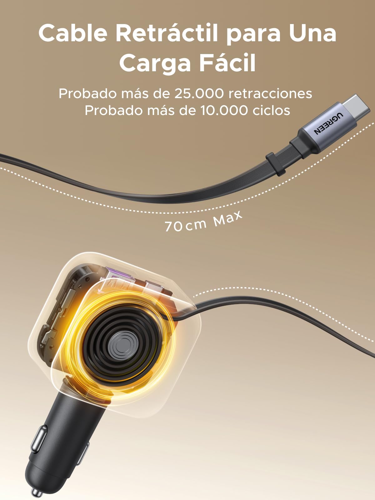 Cargador para Auto UGREEN Negro 3 en 1 Carga Rápida con Cable Retráctil USB C 60W