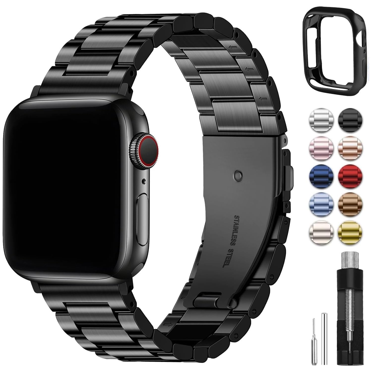 Fullmosa Correa Compatible Con Apple Watch 44mm 46mm 45mm 49mm 40mm 42mm 41mm 38mm,Pulsera Acero Inoxidable con Case Para iWatch SE/Ultra/Series 10/9/8/7/6/5/4/3/2/1,44mm 42mm 45mm Negro