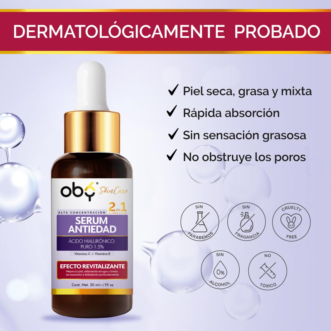 OBY Serum Antiedad 30 ml: Acido hialuronico 2 tipos al 1.5% + Vitamina C + Vitamina E | Serum facial Hidratante y Revitalizante 2 en 1