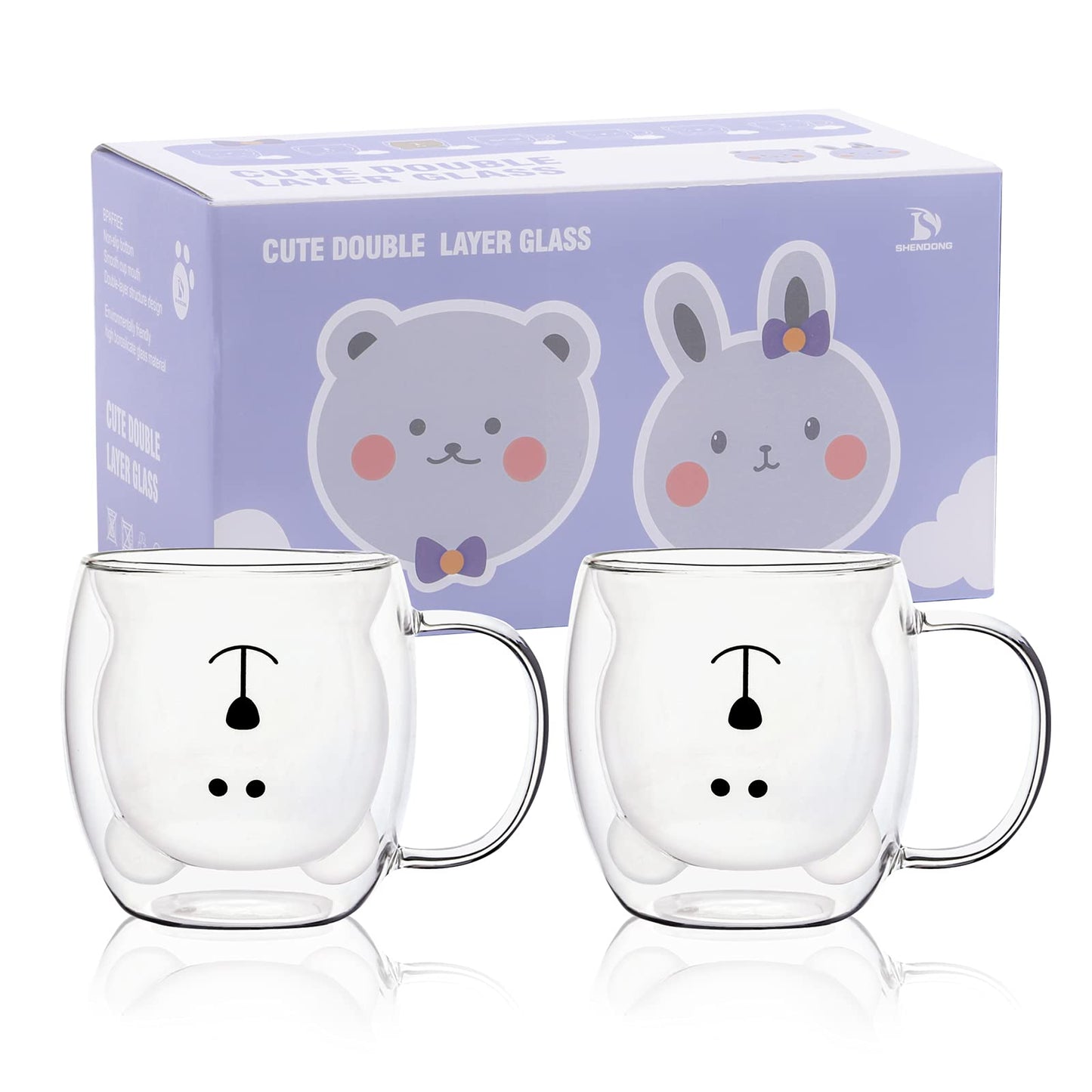Juego de Tazas de Oso Lindo de Vidrio Transparente Doble Pared 8.5 oz