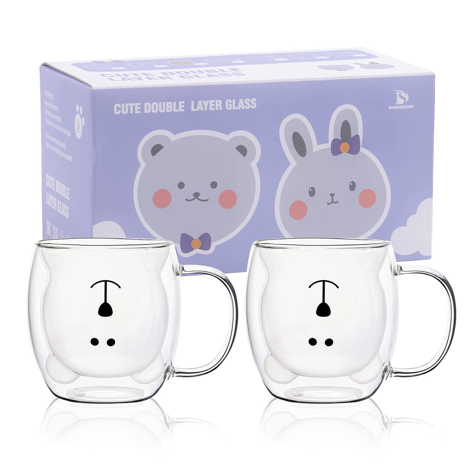 Juego de Tazas de Oso Lindo de Vidrio Transparente Doble Pared 8.5 oz