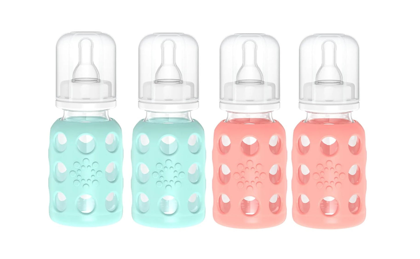 Lifefactory - Biberón de vidrio sin BPA, funda protectora de silicona, 4 onzas, paquete de 4 unidades, menta y cantalupo