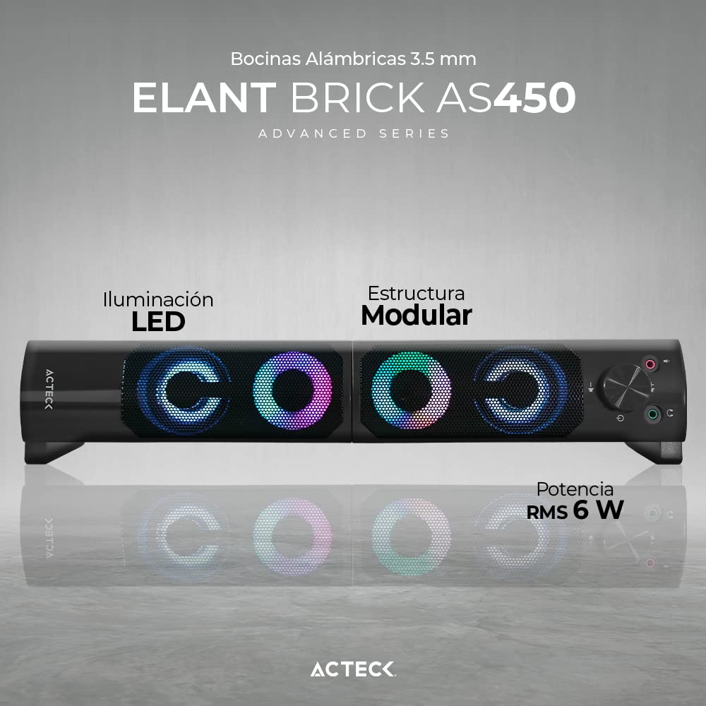 Bocinas Elant Brick AS450 2.0 Ch + Alimentación USB A 2x3W + Conexión 3.5mm + Control de Volumen Negro Advanced Series