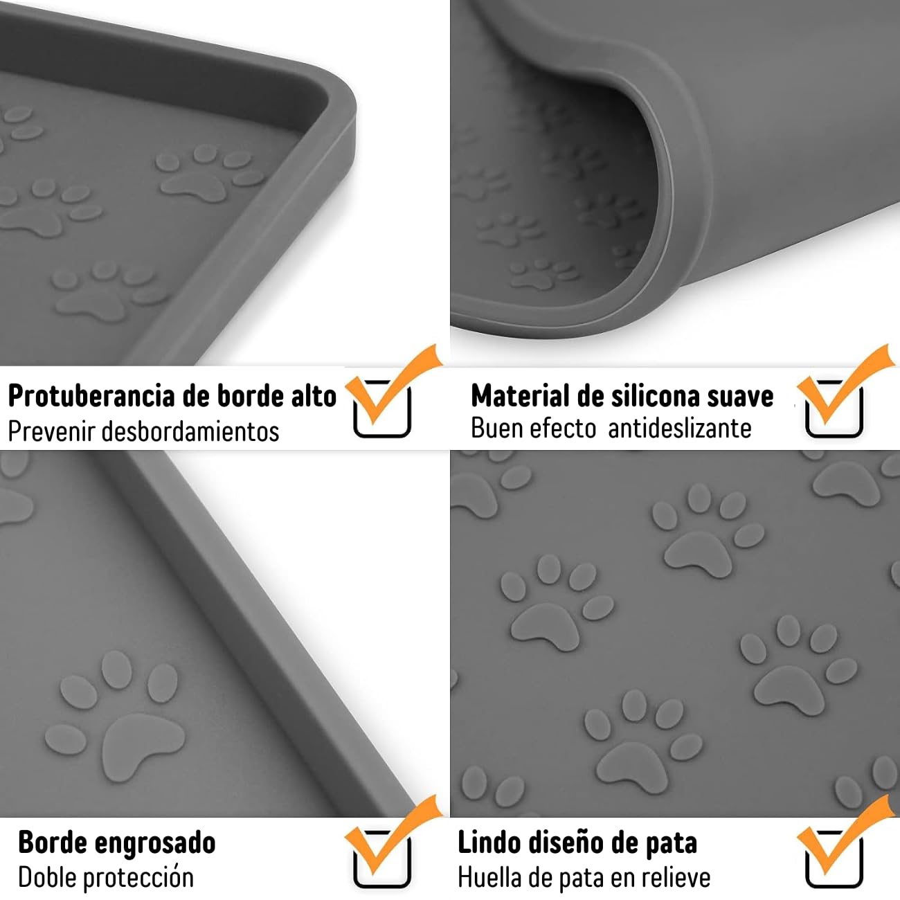 Tapete de Silicona Wolfi Gris para Comida de Perro Antideslizante 46x30cm