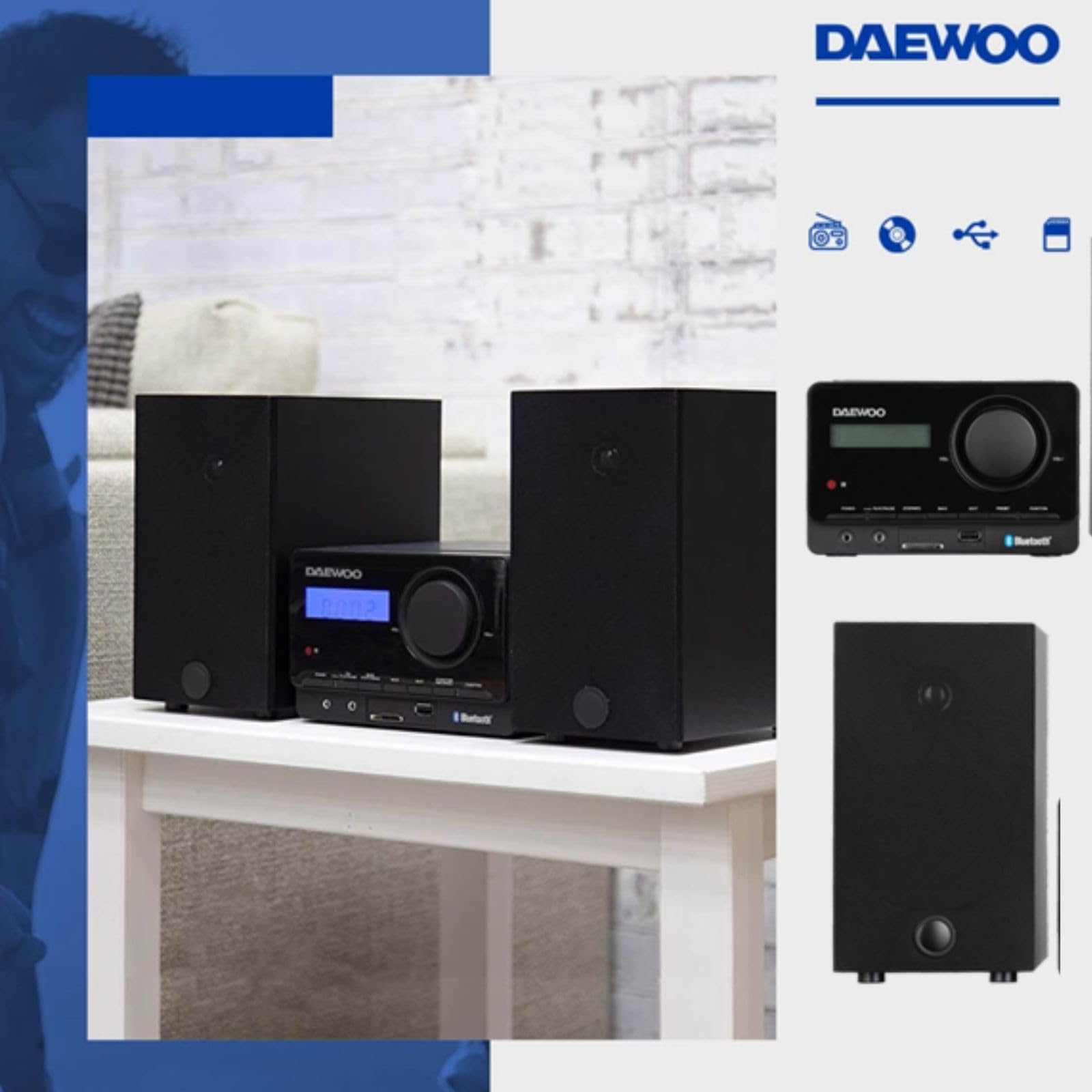 Select Sound Daewoo Mini Componente 2 Altavoces de 5W, Bluetooth, Radio estéreo FM, Reproductor CD´s, USB, SD, Incluye Control Remoto.