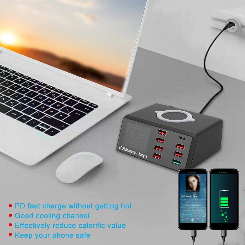 fosa1 Cargador inalámbrico de Pantalla Digital Inteligente, Cargador inalámbrico de Puertos múltiples QC3.0 Hub de estación de Carga de Escritorio con Puerto USB QC3.0(Negro US)