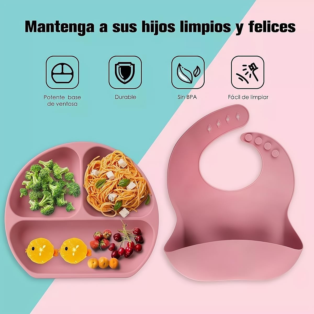 Set de Platos y Cubiertos Babe Rosa con Ventosas para Bebé