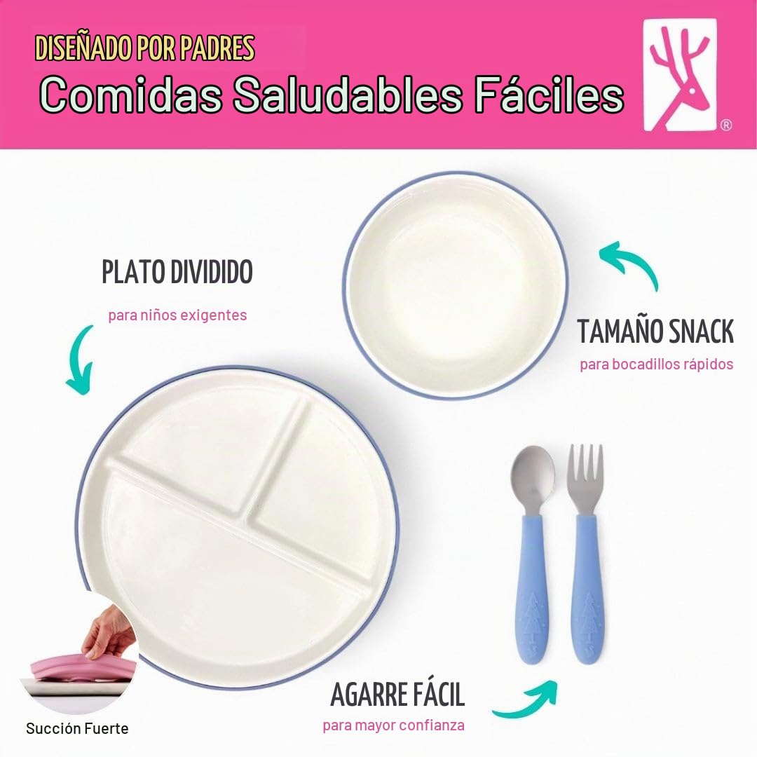 Elk and Friends - Set de vajilla de porcelana para niños con mangas de succión | Platos, tazones + cubiertos para niños pequeños | Mangas de silicona | para comidas + aperitivos | Apto para microondas