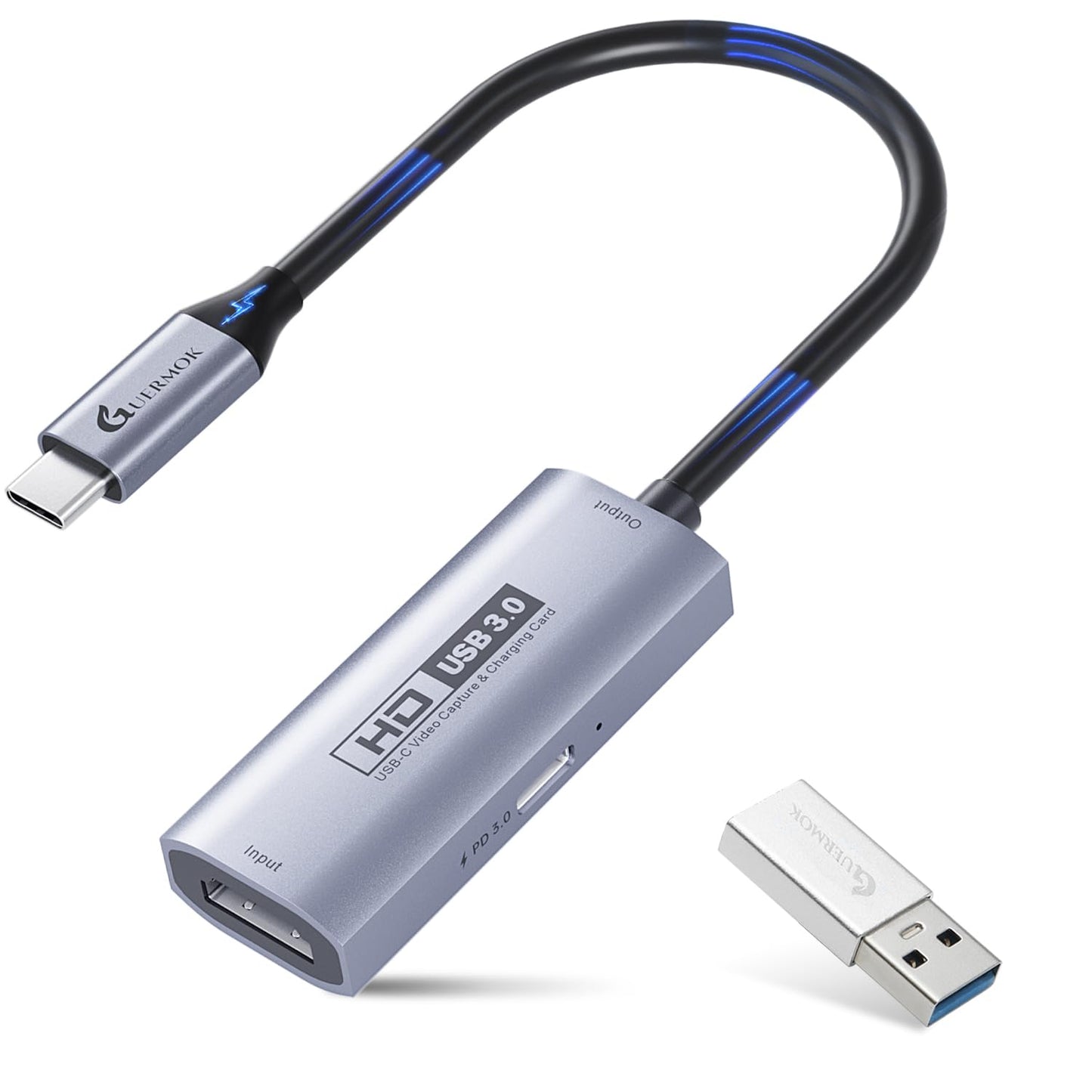 Guermok Tarjeta de Captura de Video USB 3.0 con Carga rápida PD 100W, 1080P@60FPS HDMI a USB-A/C, con Adaptador Tipo C, para Streaming en Oculus/Quest 3 / iPad/MacOS/Switch / PS4 y PS5, Plateado