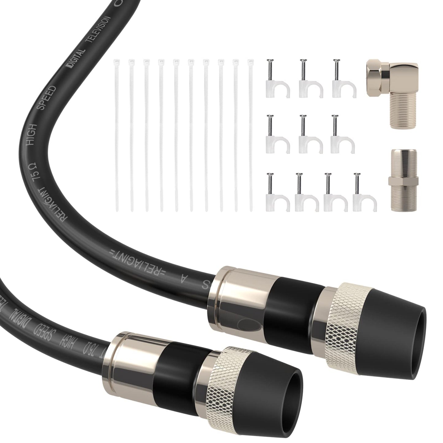 RELIAGINT Cable coaxial de 38 metros, cable coaxial RG6 para TV con bota de goma resistente a la intemperie, cable de TV ideal para exteriores y cable de extensión de antena para exteriores, triple