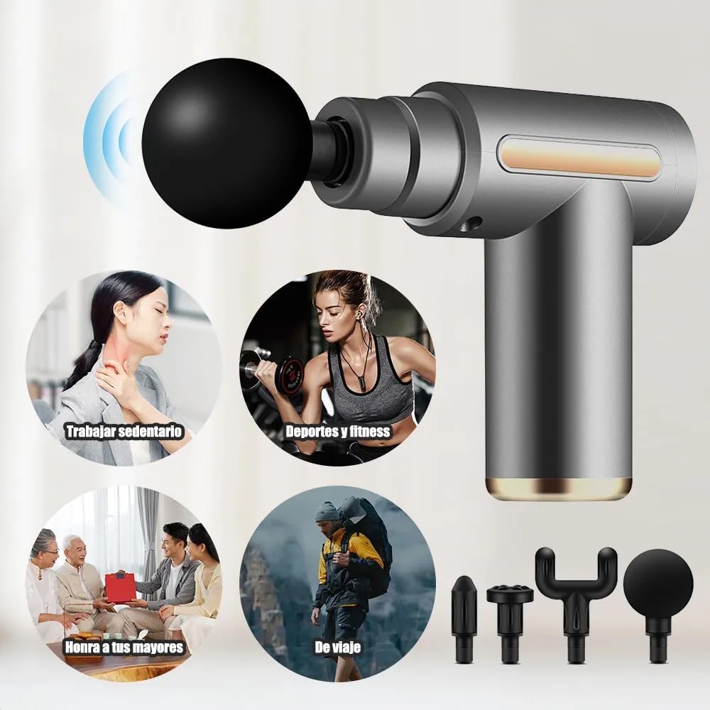 Pistola de Masaje Muscular con 4 Cabezas, Masajeador Portatil Muscular Mini Masajeador de Tejido Profundo Ajustables Massage Gun, Masaje Profesional Para Musculos, Ligamentos y Tejidos, Carga USB (Gris)