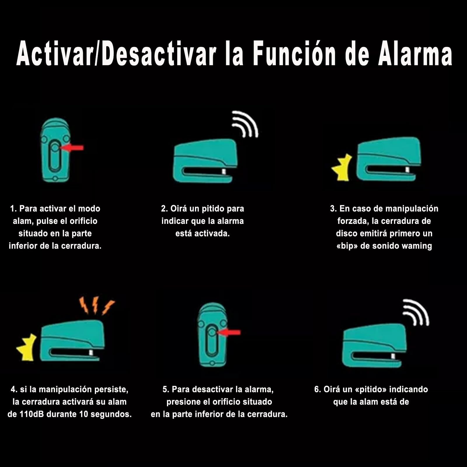 Candado para Motocicleta y Bicicleta,Candado para Motocicleta Universal con Alarma de 110dB Impermeable IP65 Seguro Antirrobo con Motocicleta Bicicleta etc Vehículos con Llanta de Disco