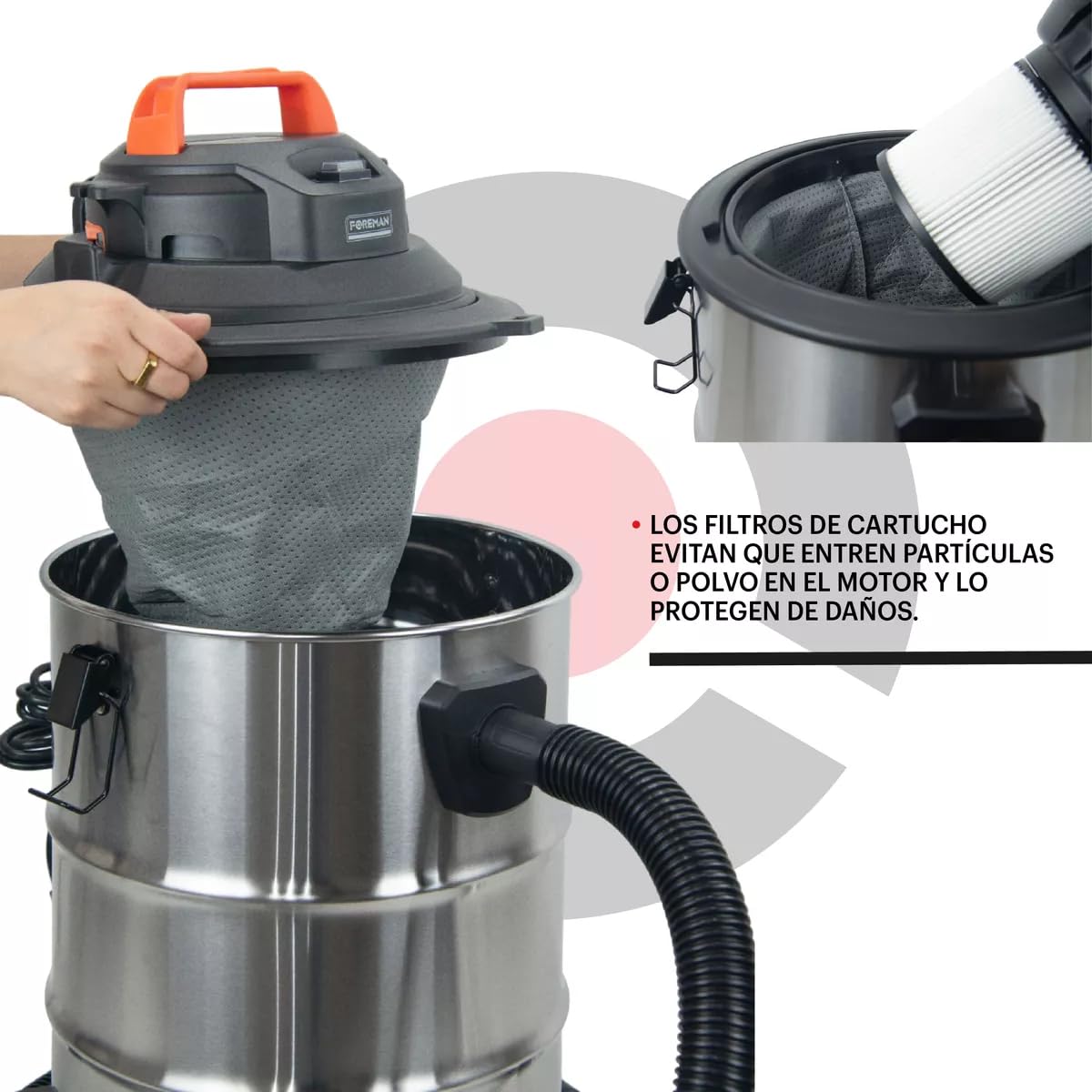 Foreman Aspiradora De Mano Industrial Capacidad 35L Sólidos y Líquidos Aspiradora | 2200W | Seco y Húmedo y Accesorios | Acero Inoxidable