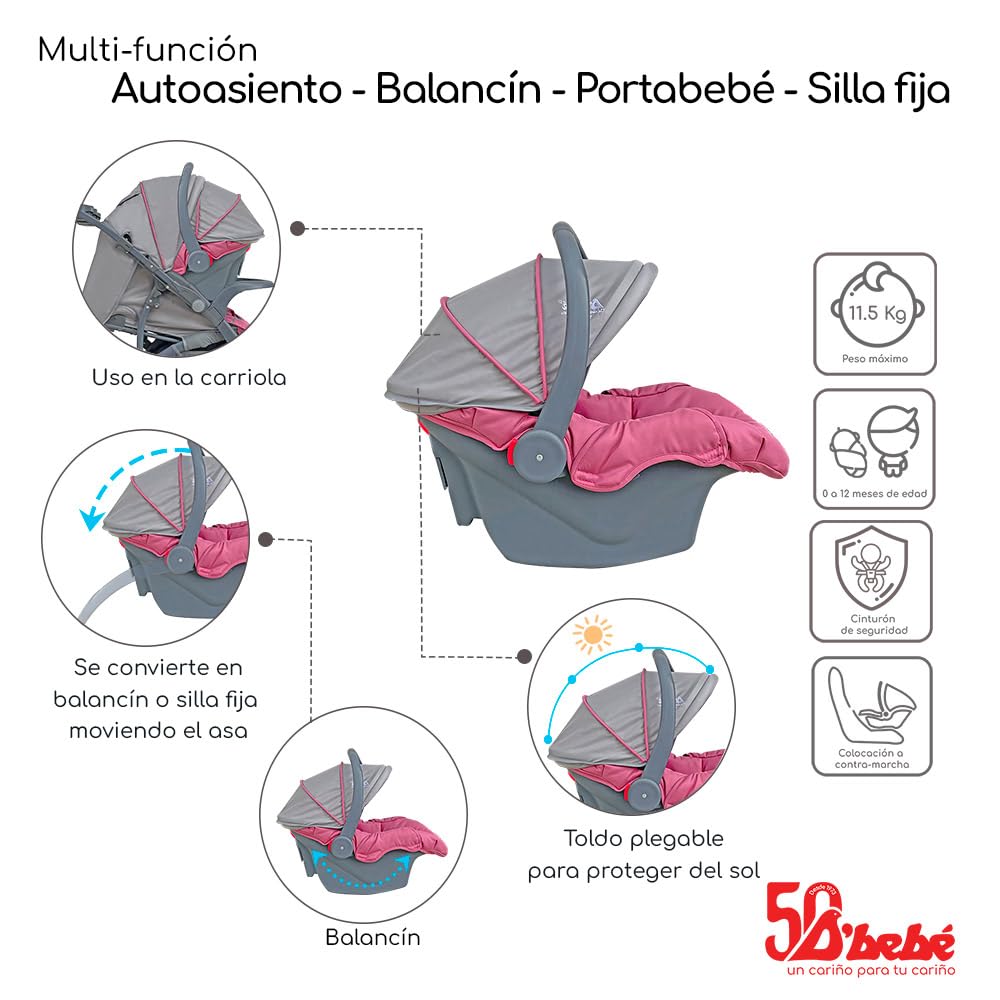 D´BEBÉ - Carriola Travel System Aventura - Carriola Multifuncional de Manubrio Reversible - Ideal para Bebés Recién Nacidos y hasta los 4 años - Incluye Portabebé - Color Rosa