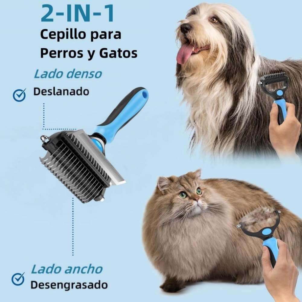 EDECOR Cepillo para Perros y Gatos, 2 en 1 Deslanador para Perro, Cepillo para Mascotas Quita Pelo, Peine Rastrillo para Perros para Eliminar Nudos y Enredos, Peine para Perros y Gatos de Pelo Corto o Largo (Azul)