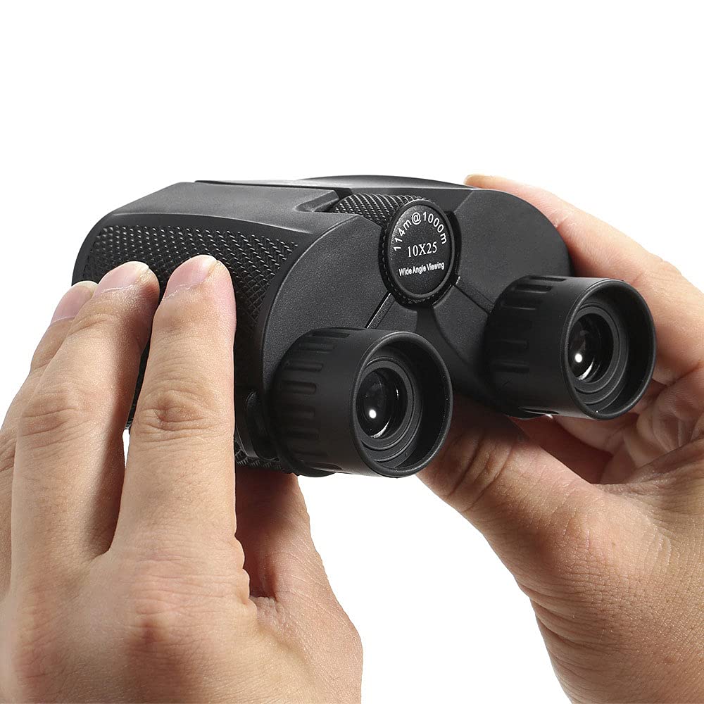 FUFENG Binoculares Plegables, Binoculares Prismáticos 10X25 con Alcance de Visión de hasta 1,000 Metros, Enfoque Manual para Senderismo, Campamento, Viajes, Caza, Conciertos (Negro)