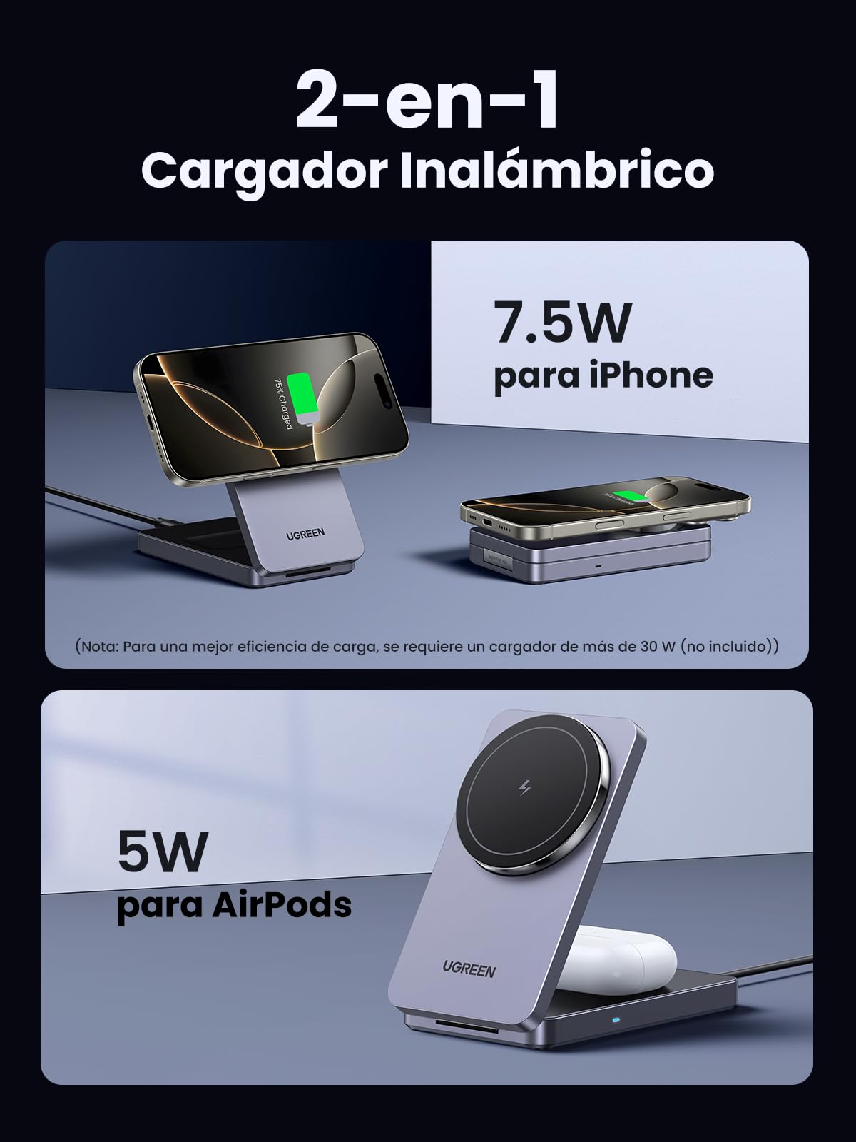 Cargador Inalámbrico UGREEN Negro MagFlow 15W 2 en 1 Plegable Compatible con MagSafe para iPhone y AirPods