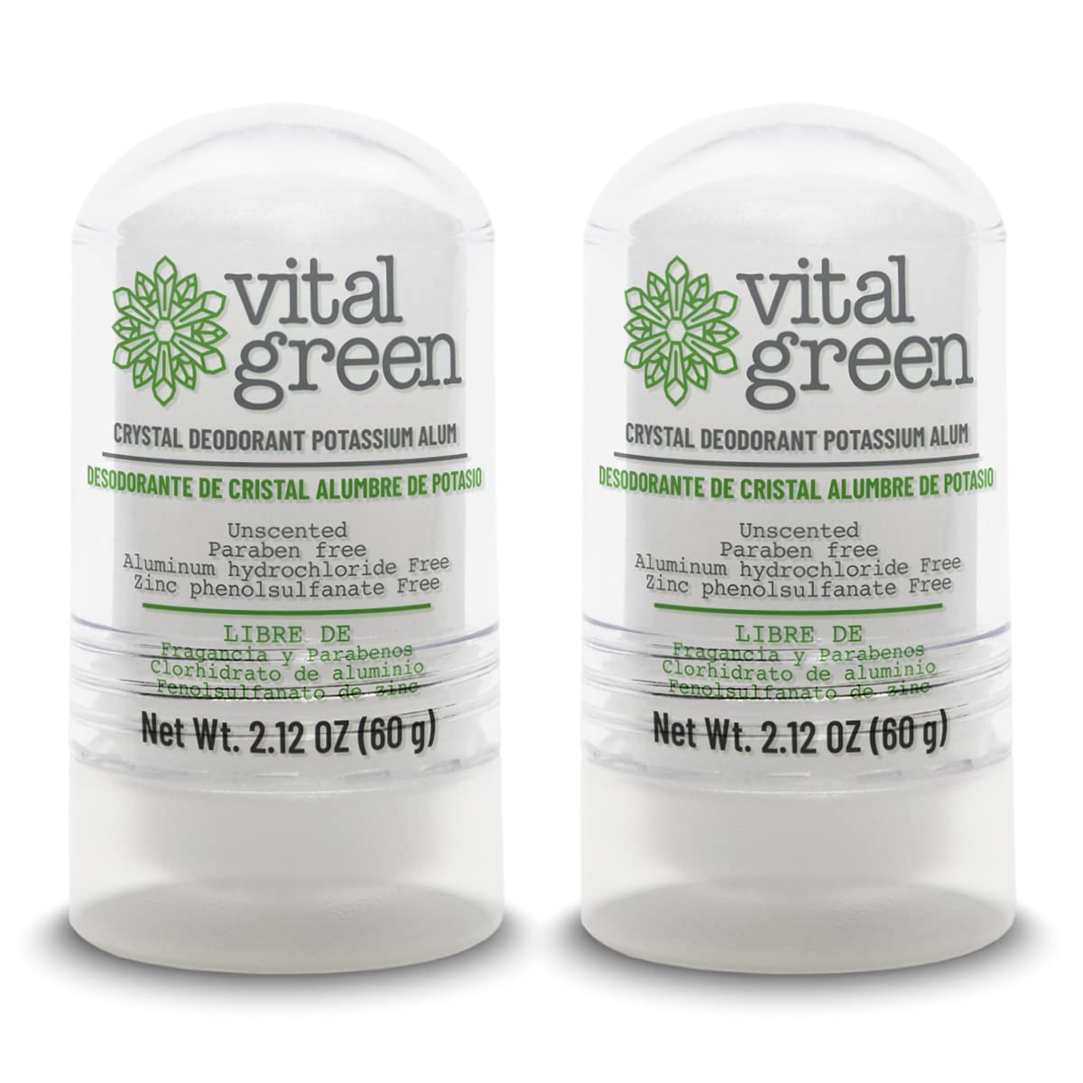 Vital Green - Desodorante Natural de Piedra Cristal de Alumbre de Potasio, Sin Parabenos y Sin Alcohol. Elimina El Olor y No Mancha, Presentación 60 g - 2.1 oz (2 Piezas)