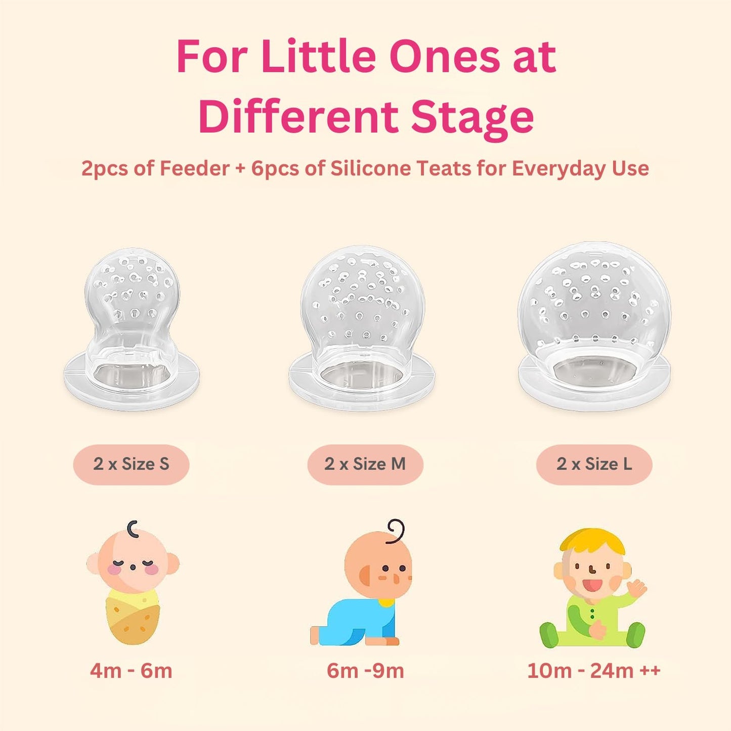 Alimentador antiahogo bebe, chupete fruta bebe de NatureBond (2 piezas), mordedores bebes | Además incluye bolsitas de silicona de todos los tamaños (Peach Pink)