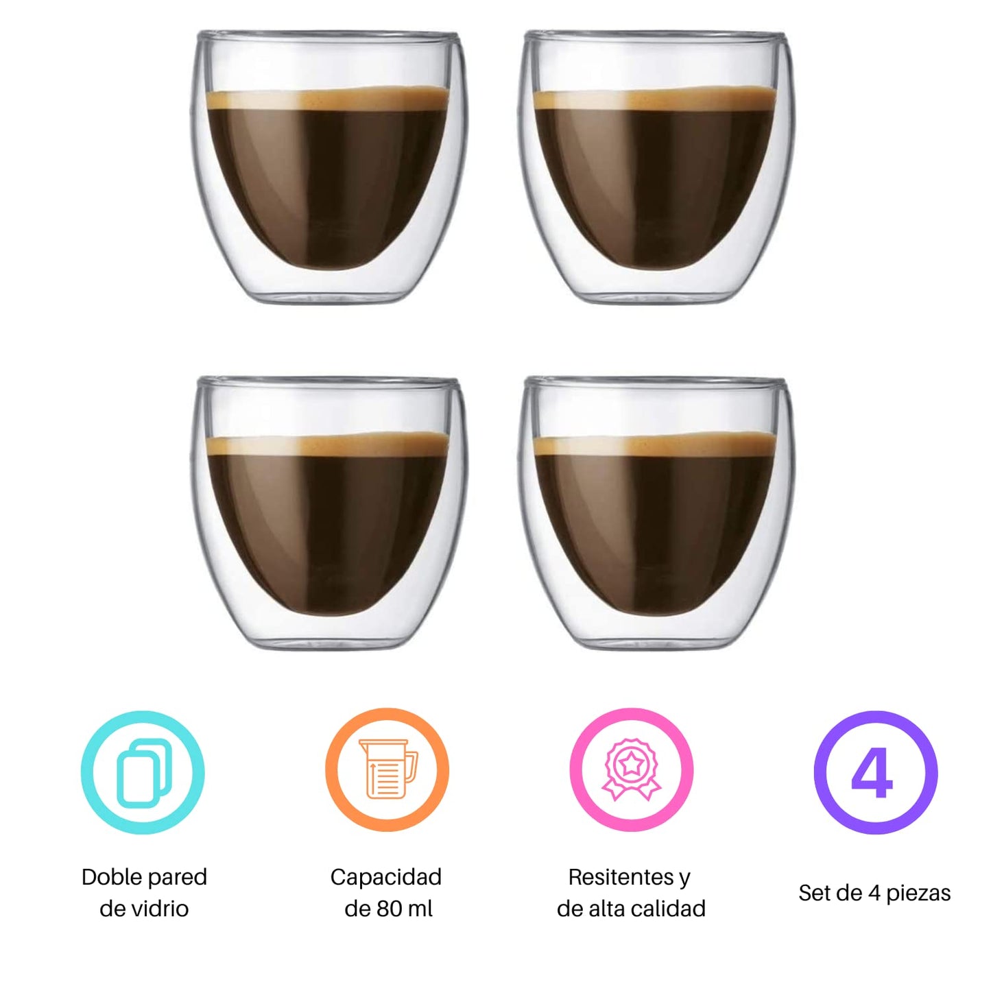 EasyWare Premium Set de Vasos y Tazas de Doble Pared de Vidrio Tèrmico Borosilicato Para Capucchino Espresso Té Café Etc (4 x 80ml)