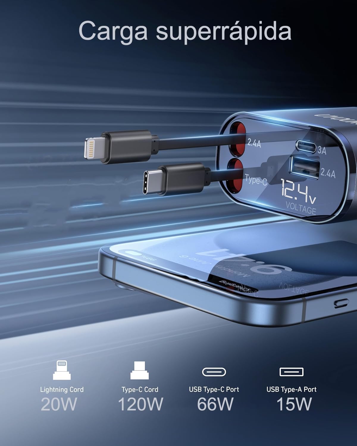 HSZSXJK Cargador para Auto, Cargador USB C 4 en 1 de 120 W, Cables retráctiles (80cm) y Adaptador de Cargador de Coche, Compatible con iPhone 15/14/13/12/11 Pro MAX, Galaxy