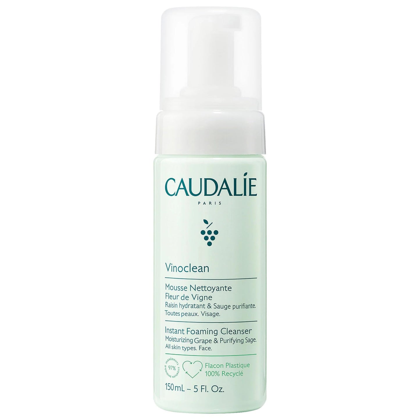 Caudalie Vinoclean Espuma Facial Limpiadora, Limpiador Diario que Limpia, Suaviza y Reduce las Rojeces - 150 mL