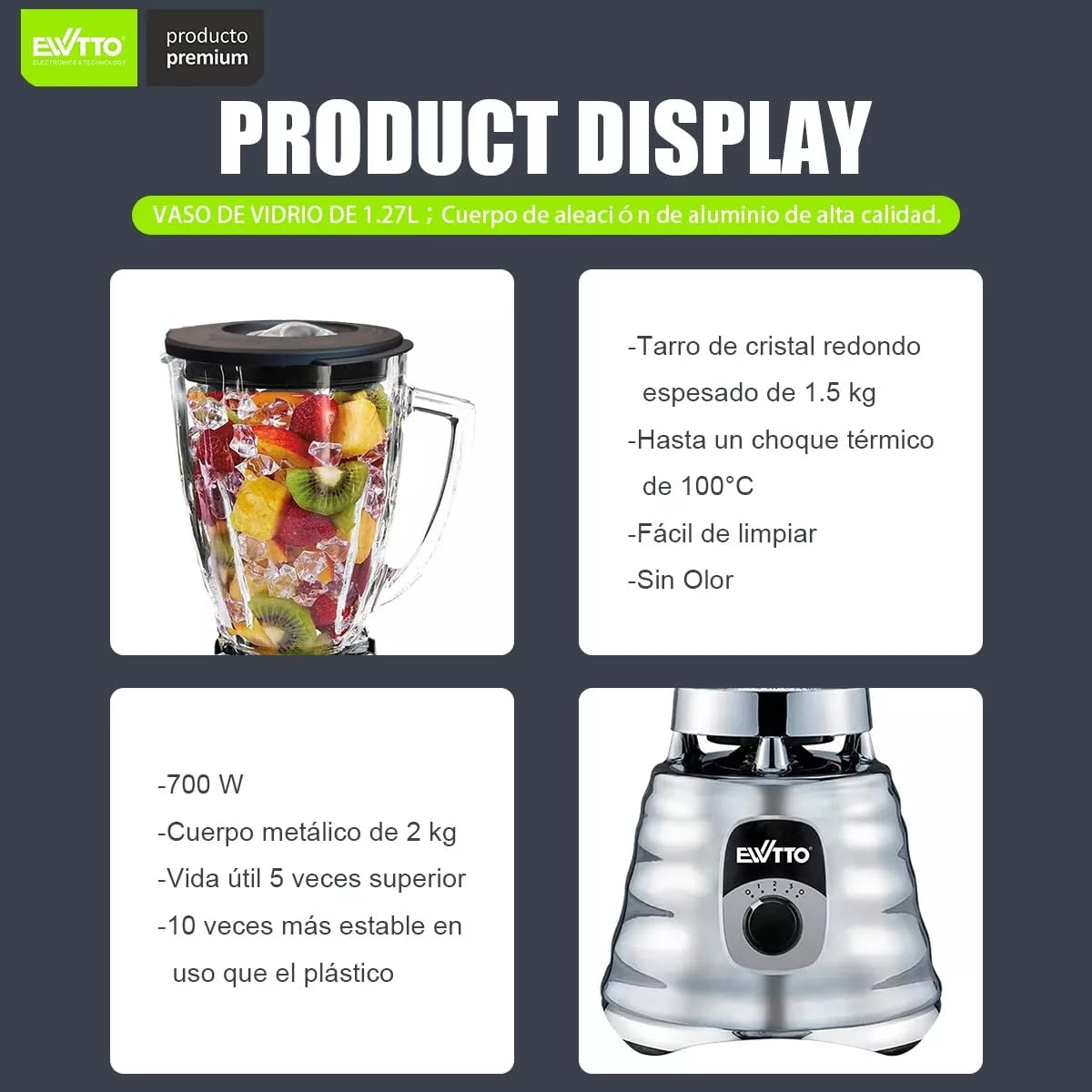 Licuadora Profesional EWTTO 700W Vidrio 4 Velocidades Multifunción