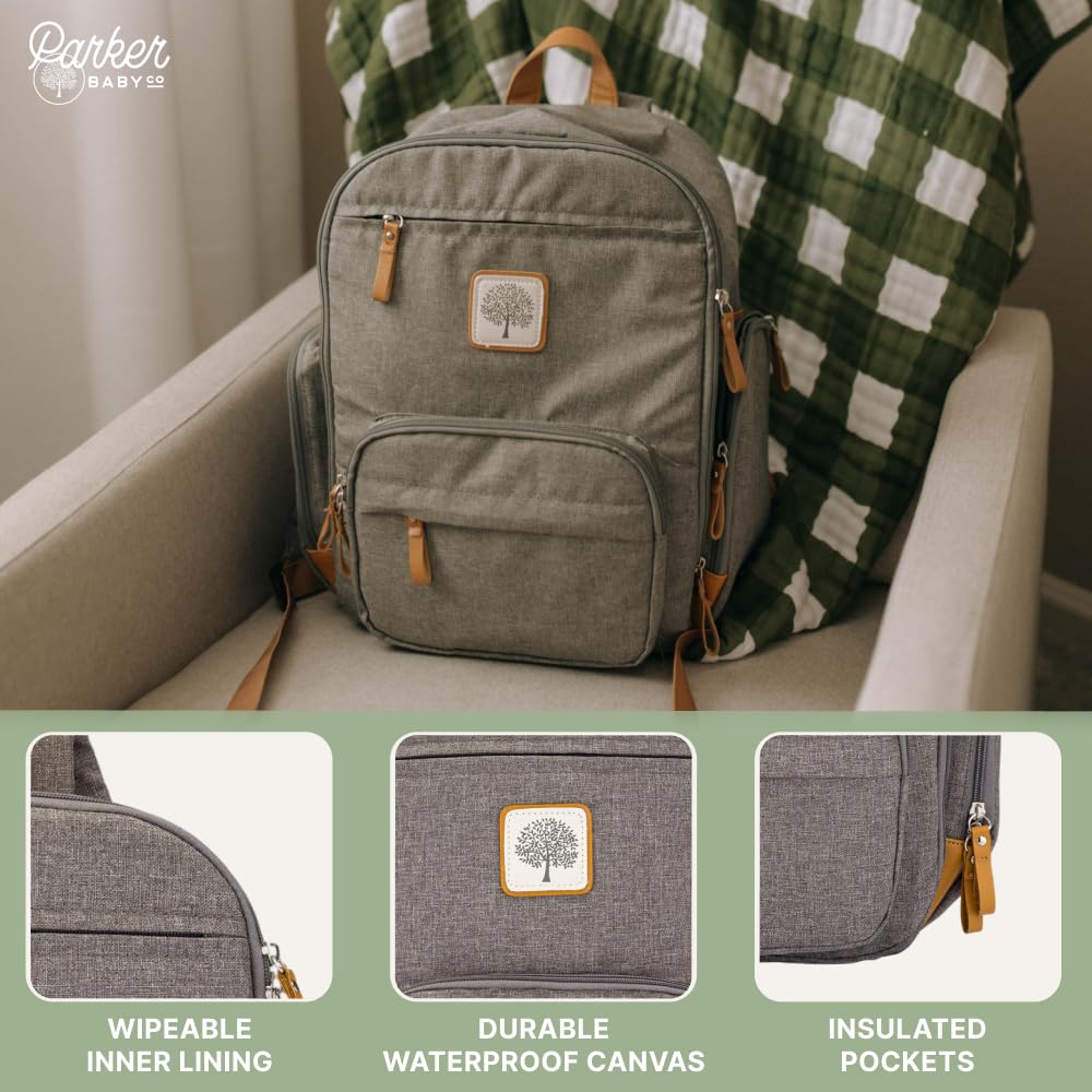Parker Baby Co. - Mochila Pañalera Unisex Multifuncional con Cierra Completo y Bolsillos Térmicos para Mamá y Papá, Color Gris