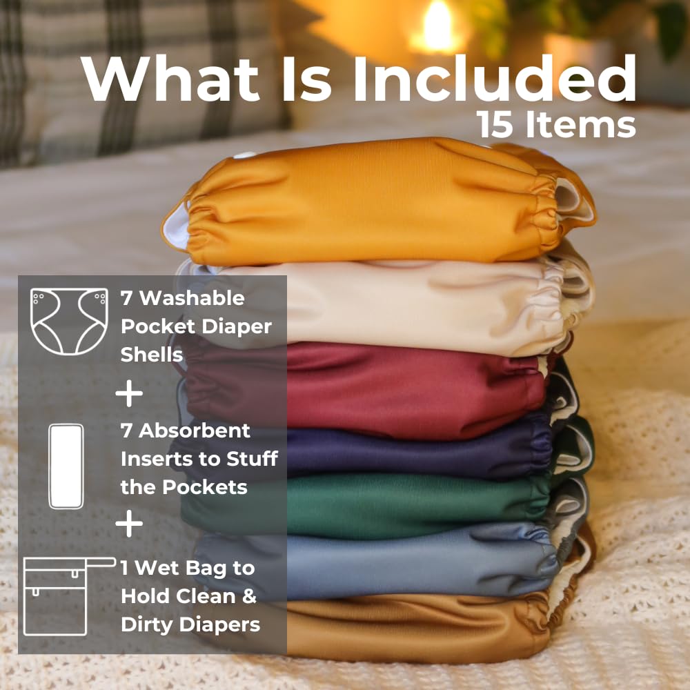 Nora's Nursery AWJ - Paquete de 7 pañales de tela con 1 bolsa húmeda, funda impermeable, lavable, reutilizable y de tamaño único para recién nacidos y niños pequeños - Pacific Neutrals