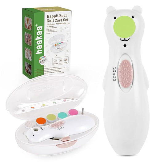 Haakaa Juego De Cortauñas Recargable Happii Bear: Cortauñas Eléctrico Para Bebés Y Lima De Uñas Para Bebés, Luces LED Silenciosas, Blanco, 1 Unidad (Paquete De 2)