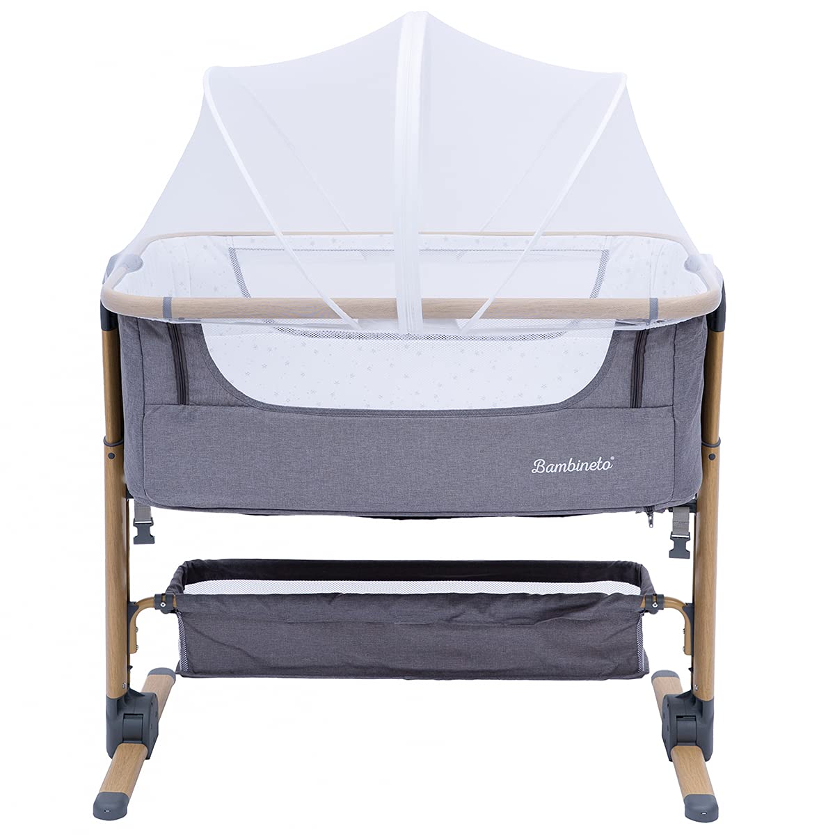 BAMBINETO Cuna Colecho Moisés para bebé Rame, mosquitero, colchón, Plegable, Maleta de Viaje. Gris