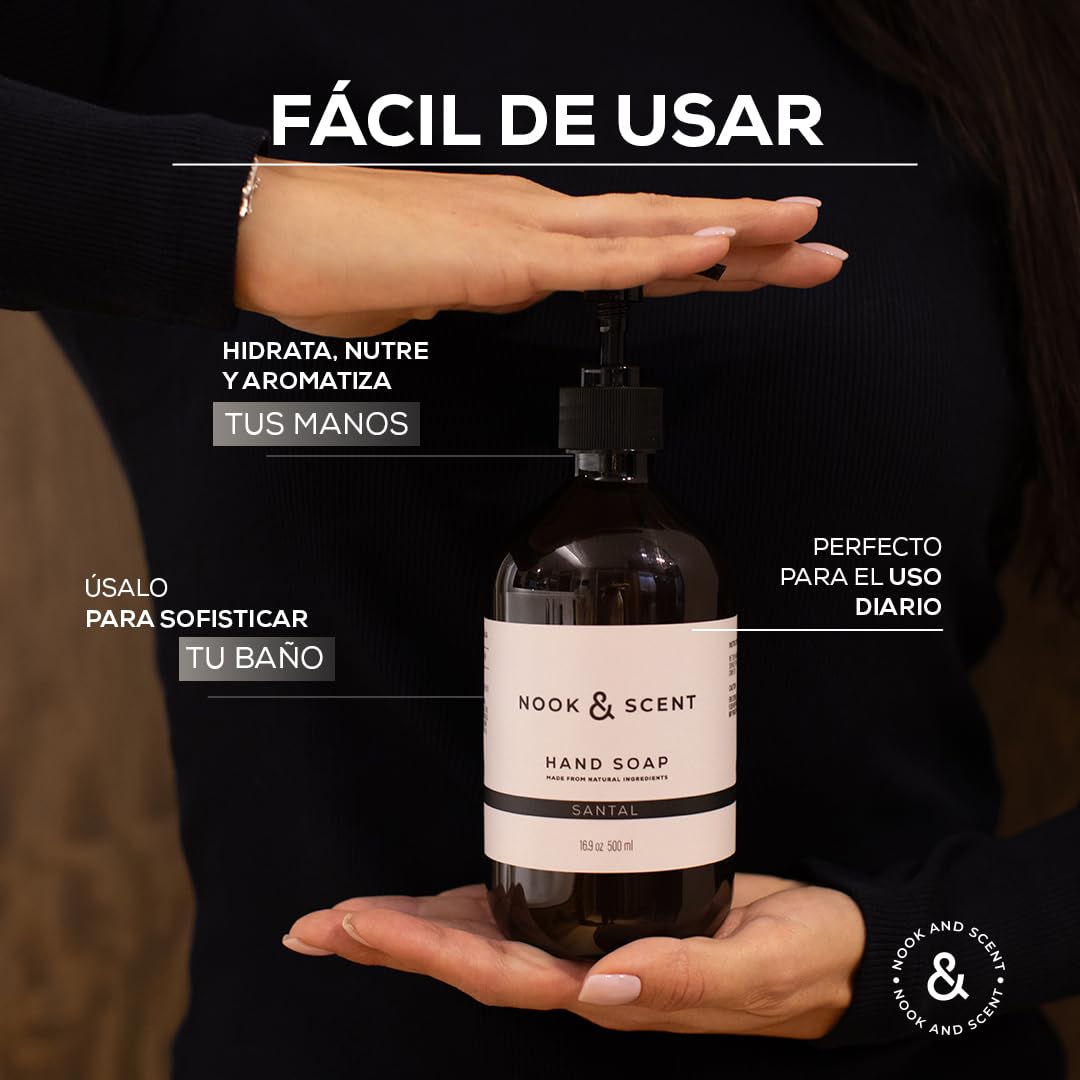 Jabón Líquido para Manos | 500 ml | Limpieza y Frescura | Libre de Sulfatos y Parabenos, Vegano, Aceites Esenciales, Aroma Energizante de Limón y Naranja | Nook & Scent (Santal)