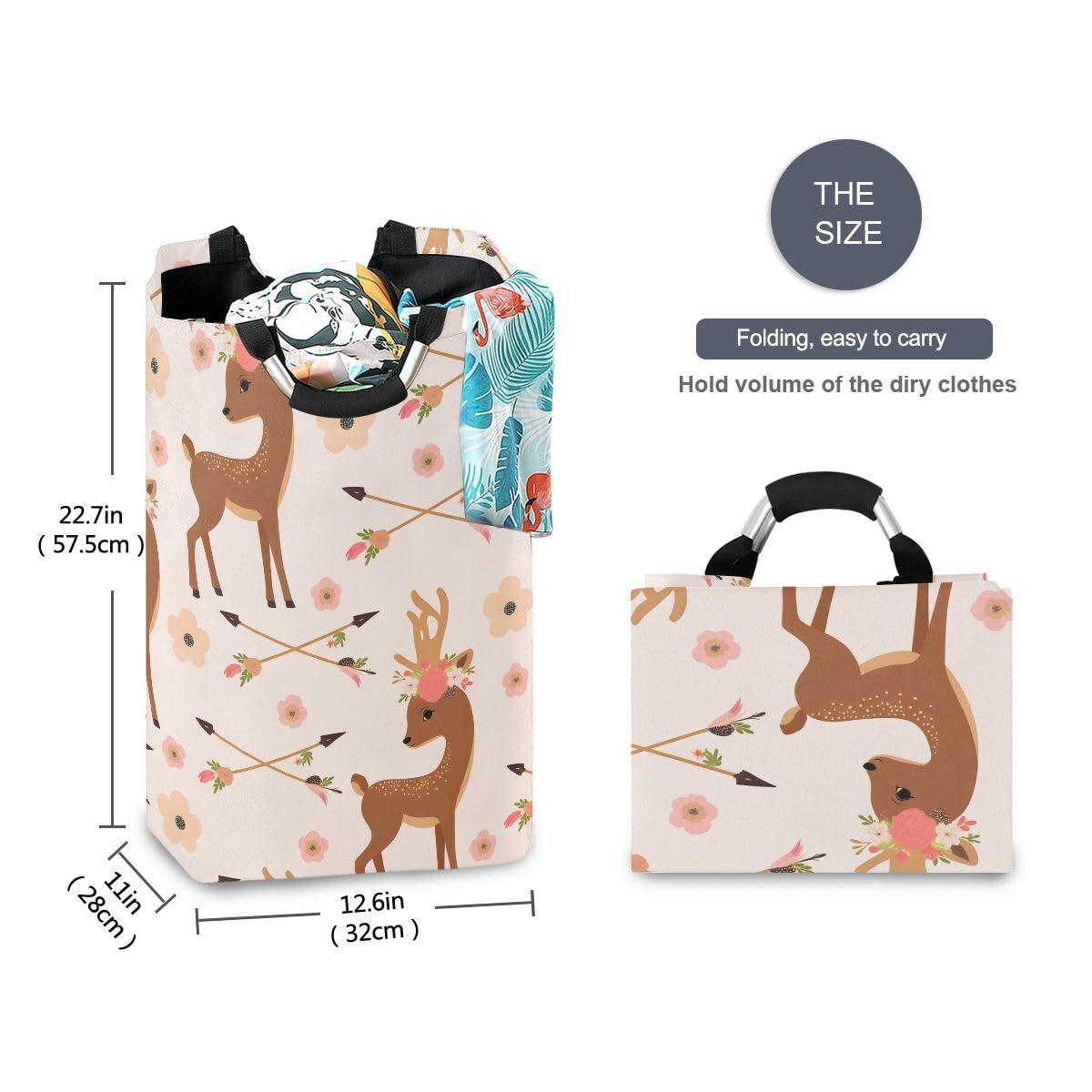 senya Cesta de almacenamiento plegable con diseño de ciervo con flechas de flores, cesta de lavandería para guardería, ropa, juguetes